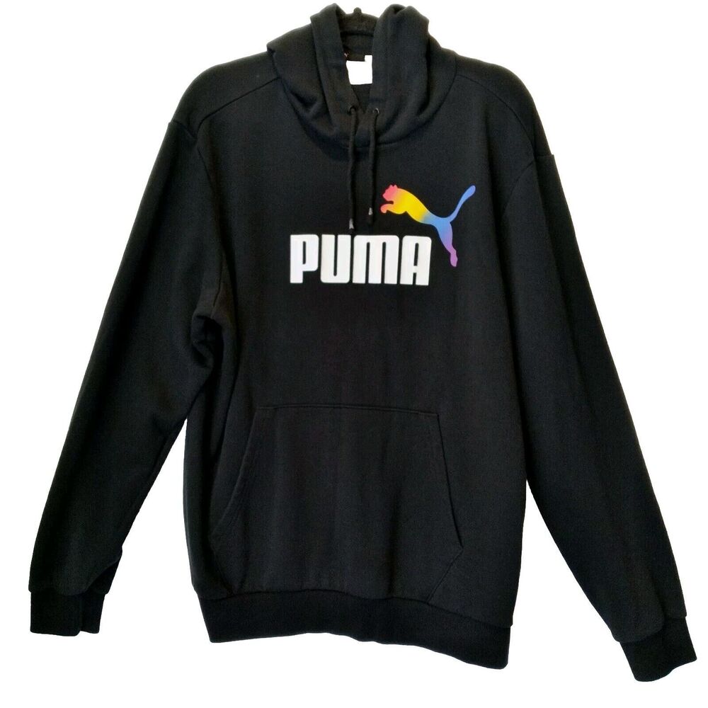 Puma Men Unisex Black Multicolor Logo front Pocket Drawstring Pullover Hoodie XL